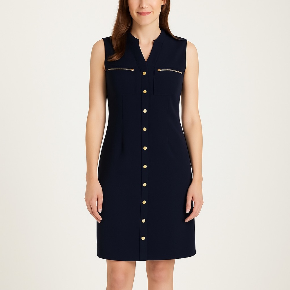 DKNY Women’s Sleeveless Navy Sheath Shirt Dress 14‎ Button Front Career Office